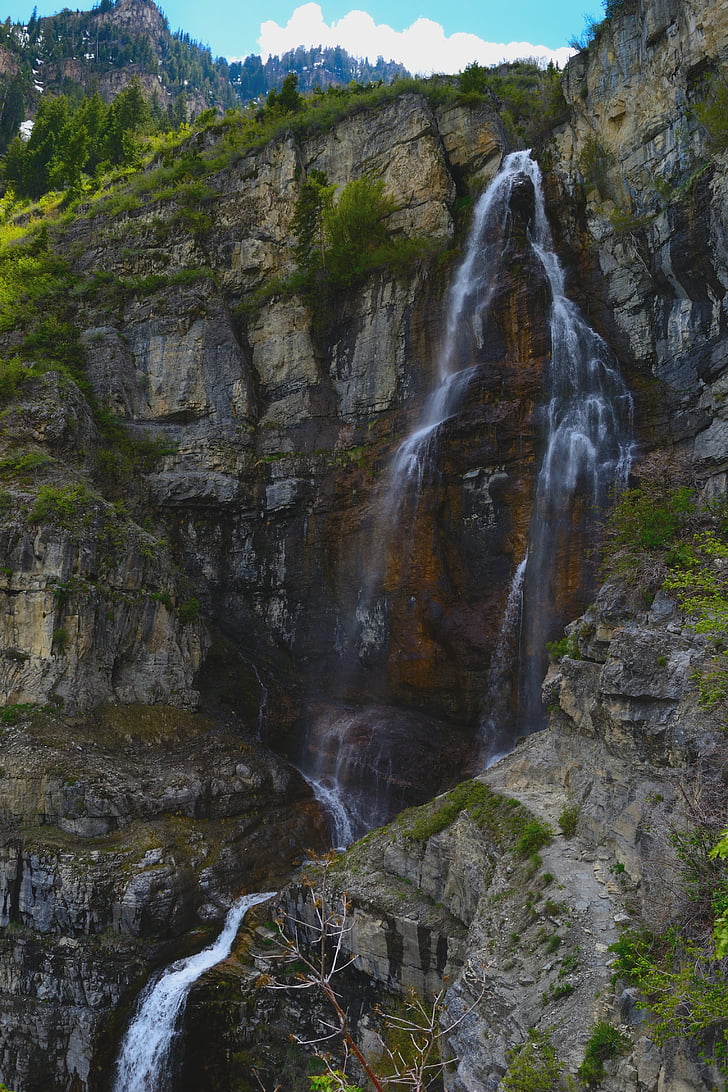 Wasserfall, im freien, Wasser, Berg, Stream, Wald, Grün