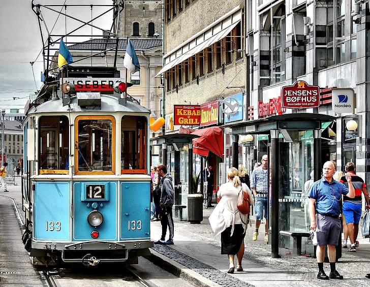 tramvajų, šurmulio, parduotuvių gatvė, senas tramvajus, keltuvo, miesto arenoje, gatvė