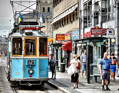 tramvaj, shonu, nákupní ulice, staré tramvaje, Lanová dráha, Městská scéna, ulice