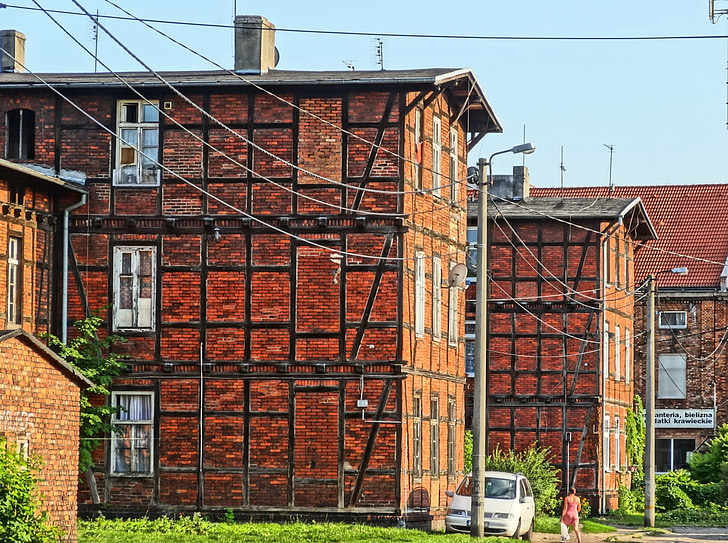 londynek, Bydgoszcz, Poľsko, domy, budova, historické, rámovanie dreva
