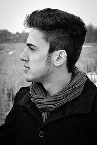 young man, profile man, dream, boy, black and white