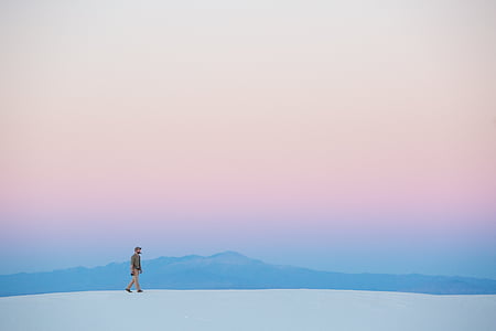 woman, walking, landscape, sand, alone, pastel color, mid adult
