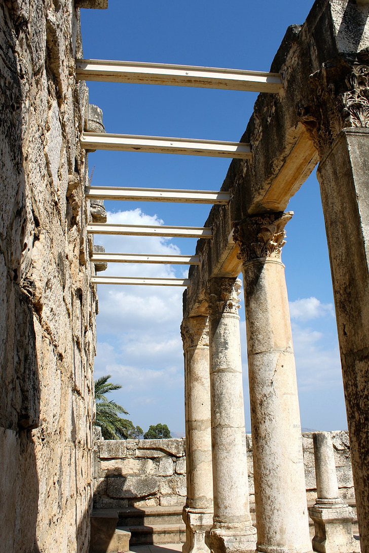 architecture, sky, remains, historical, pillars, columns, israel
