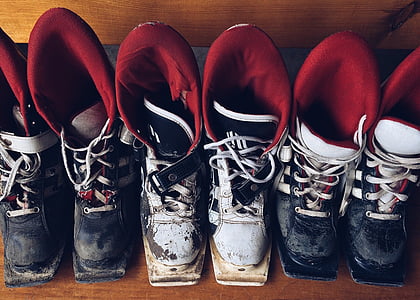 滑雪, 靴子, 戴, 设备, 老, 皮革, 鞋子
