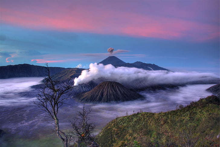 повітряні, Фотографія, гори, вулкани, дим, хмари, фіолетовий