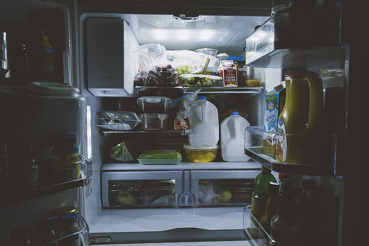 bottles, food, gallon, inside, light, milk, refrigerator