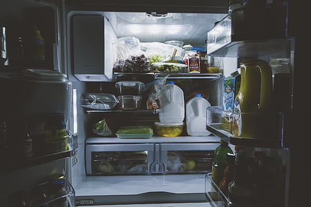 pudeles, pārtika, galonu, iekšpusē, gaisma, piens, ledusskapis