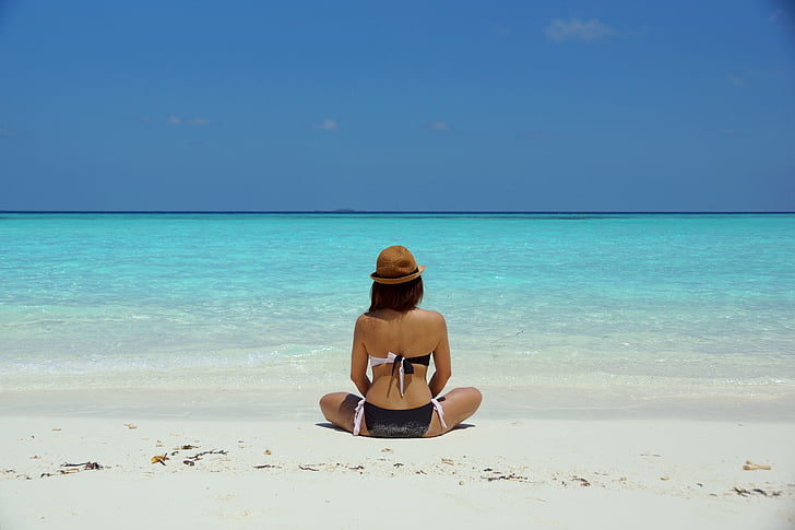 beach, bikini, blue, girl, hat, ocean, person