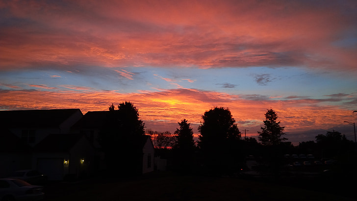 matahari terbenam, Columbus ohio, refleksi, langit, awan, di luar rumah, indah