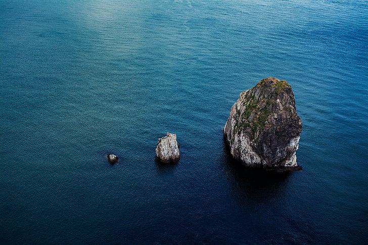 rock, island, middle, blue, water, ocean, sea