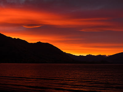 sunset, lake, orange, glow, silhouette, mountain, clouds