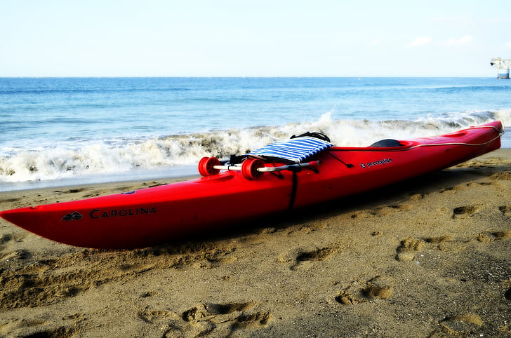 kayak, shore, sea, sand, sea foam, edge of the sea, water