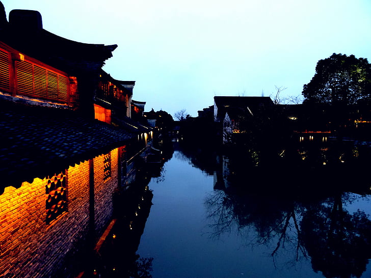 wuzhen, noční zobrazení, řeka