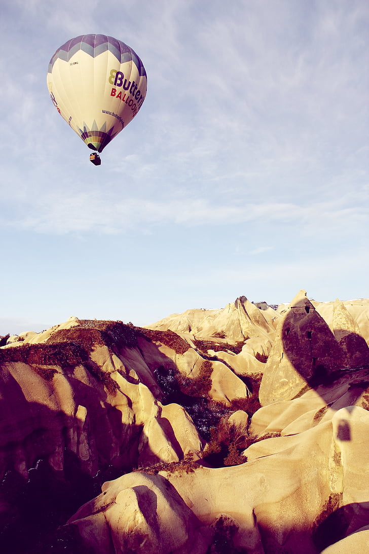 balloon, travel, trip, transport, dirigible, valley, dunes