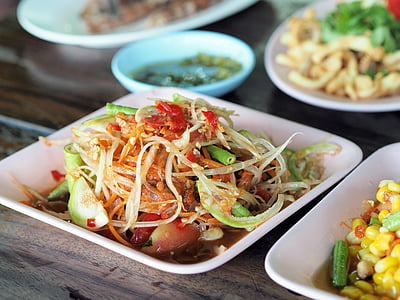 papaya salad, isaan food, thailand food, dining table, eat