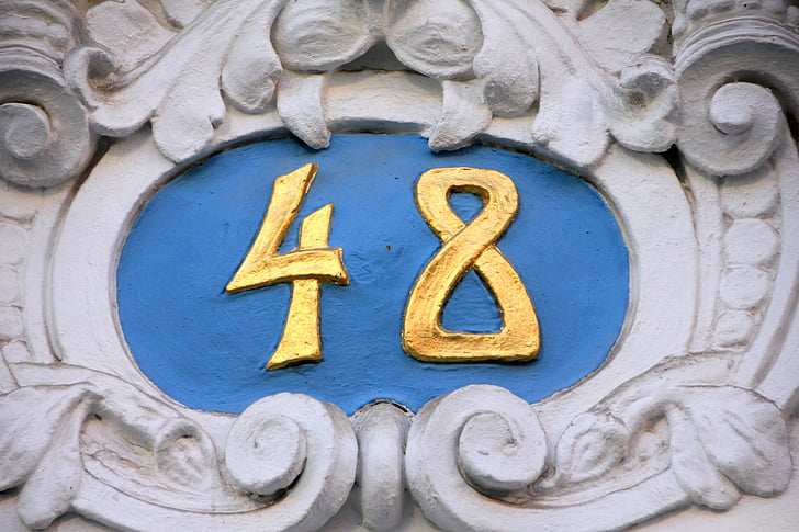 number, pay, house number, 48 forty eight, blue, gold, white