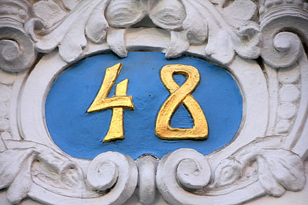 numero, Maksu, talon numero, 48 neljäkymmentäkahdeksan, sininen, kultaa, valkoinen