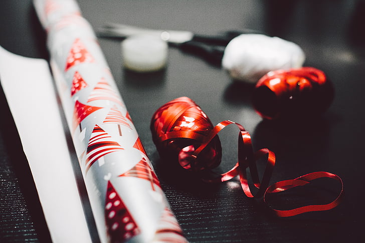Kerst, cadeau, gift wrap papier, aanwezig, lint, verrassing, Inpakpapier