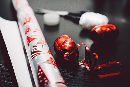 papir, darilo, božič, prisotni, trak, zavijanje, rdeča