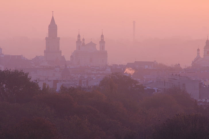 Lublin, Panorama, staden, Cracow gate, Domkyrkan, Lubelskie, Polen