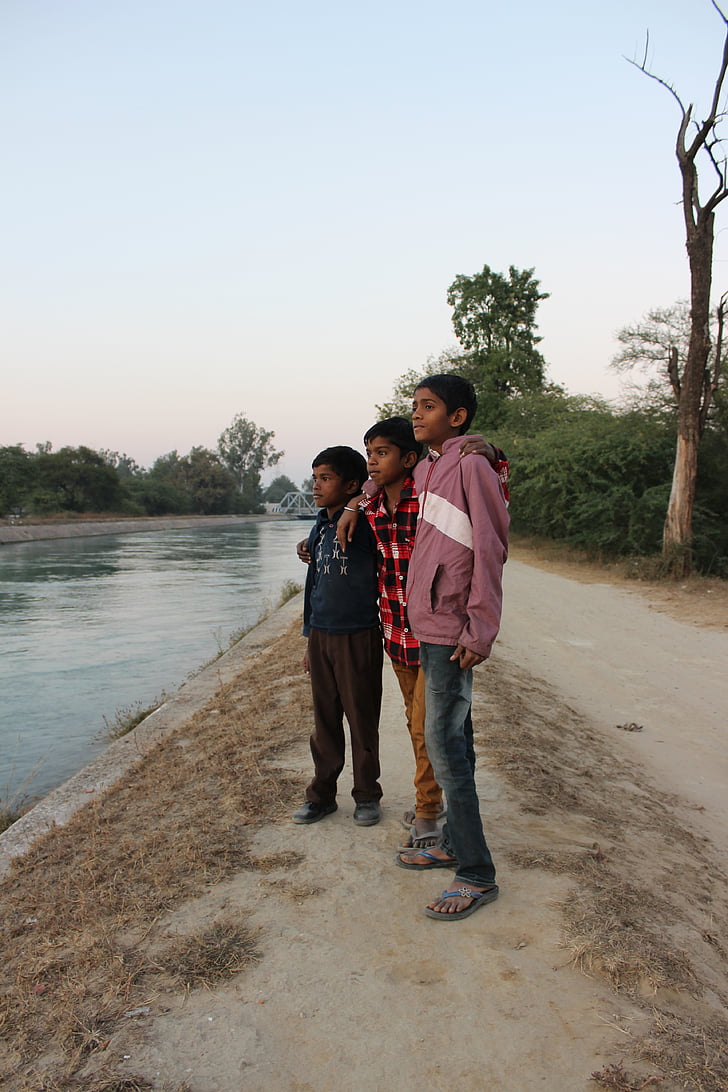 jongens, rivier, water, avond, Patiala, Punjab