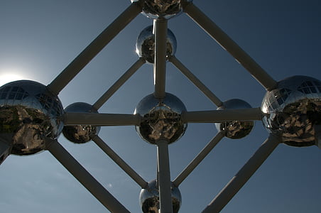 Atomium, stavbe, krom, nebo, žogo, umetnost, zrcaljenje