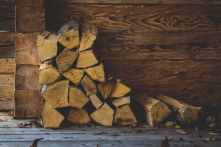 cabin wall, carpentry, chopped wood, color, dry leaves, firewood, logs