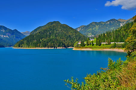 sauris, lake, mountain, summer, nature, mountains, landscape