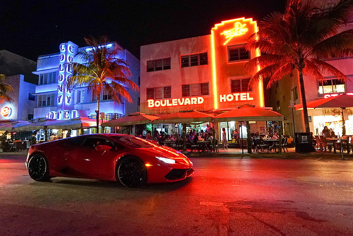 Miami, neó, cotxe, Turisme, Hotel, signe, il·luminat
