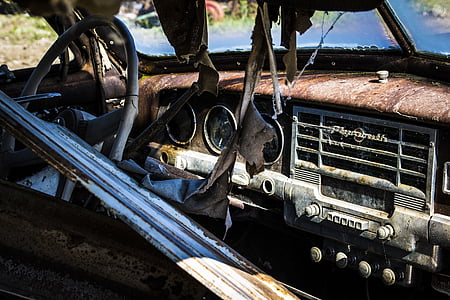 car, vehicle, transportation, old, vintage, rusty, steering wheel