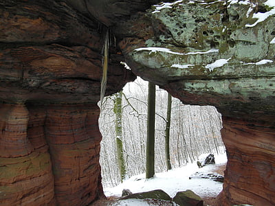 普法尔茨, 岩石, 通过查看, 冬天, 砂岩, 冬季森林