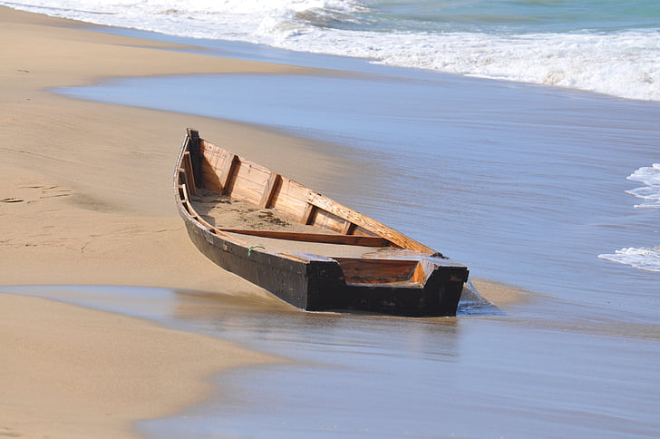 båt, vraket, träbåt, stranden, havet, vågor, Sand