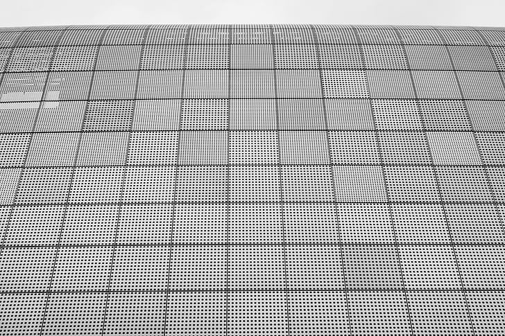 black-and-white, building, design, grid, low angle shot, pattern, perspective