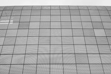 black-and-white, building, design, grid, low angle shot, pattern, perspective