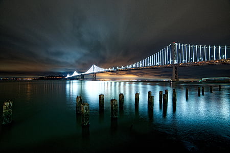 architecture, bridge, lights, night, ocean, sea, suspension bridge