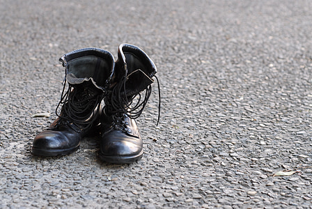 Ejército, botas, usado, cuero, negro, zapatos, calzado