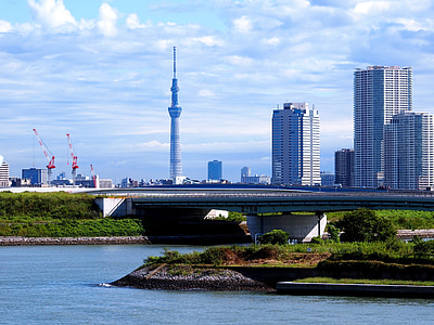 Torre, céu, Tóquio, construção de arranha-céus, cidade, Japão, ponte do arco-íris