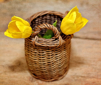 tulipanes, flores, amarillo, flores amarillas, flores de corte, cesta, madera