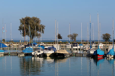 Bodensko jezero, ladje, čoln harbour, pristanišča, sončno, jeseni