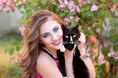 Dziewczyna, Kot, miłość, uścisk, piękno, czarny, portret