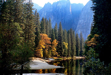 landscape, reflection, water, trees, mountains, outdoors, rock