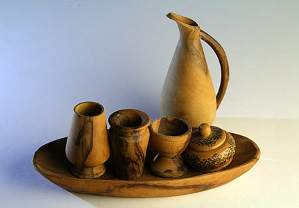 ornaments de fusta, adorns, fusta, oliva, vasos, en miniatura, gerra