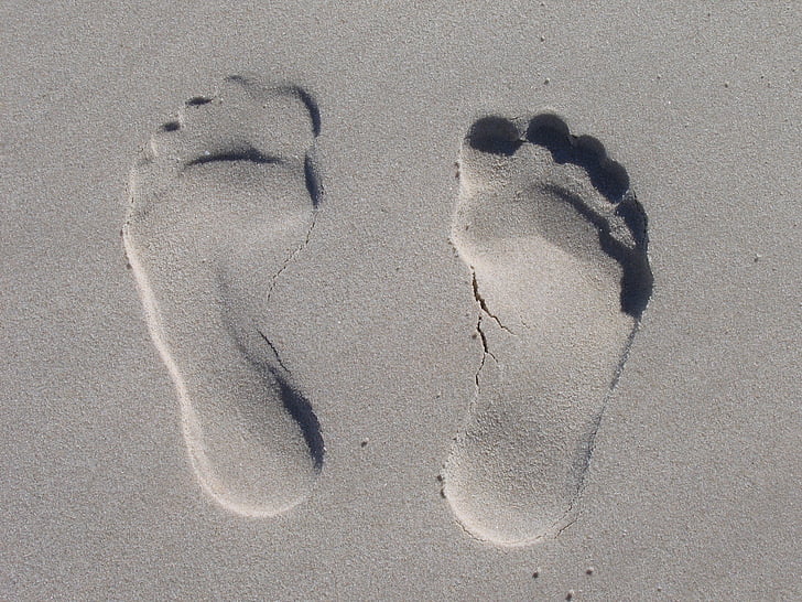grijs, voet, stempels, strand, voeten, vakantie, zee
