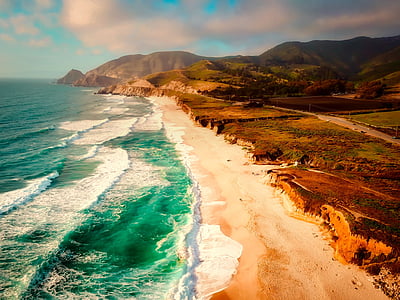 Kalifornien, havet, Ocean, vågor, kusten, bergen, landskap