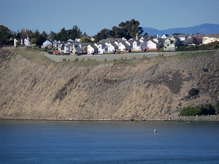 houses, cliff, water, homes, bay, bluff, harbor