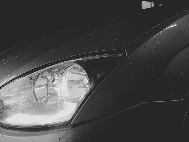 black and white, body, car, drops, focus, ford, headlight