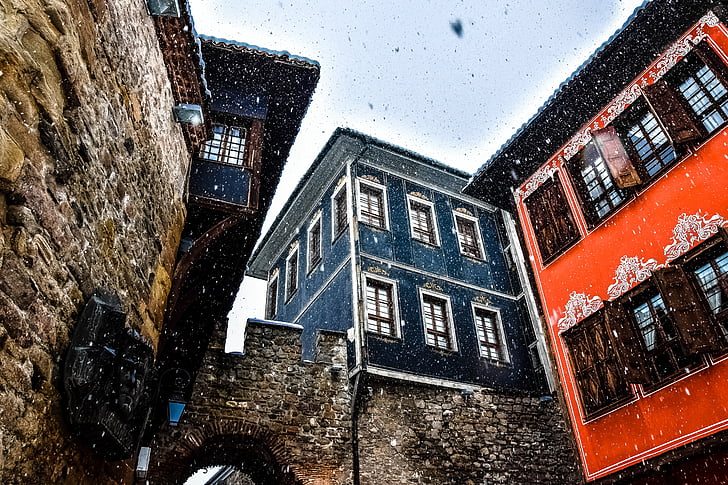 de oude stad, eerste sneeuw, Plovdiv, het platform, huis, venster, Europa