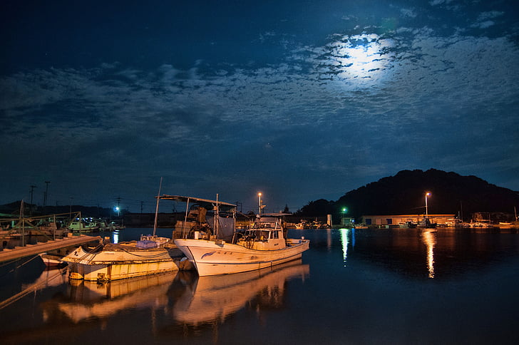 noche, Puerto, Kumamoto, Amakusa, nube, vista de noche, Costa