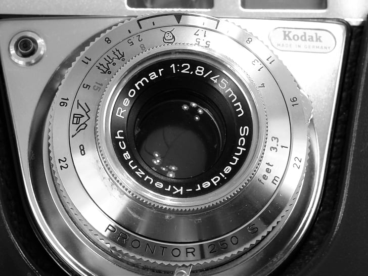 kameran, Kodak, lins, Kameror, gamla, retinette, svart och vitt