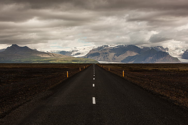 road, field, mountain, valley, travel, clouds, sky
